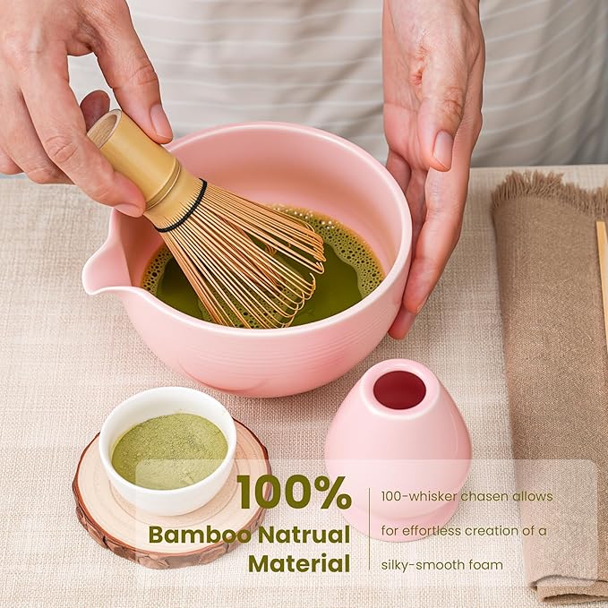 Matcha Whisk Set, Handcrafted Bamboo Chasen & Ceramic Bowl Matcha Kit,Complete 5 Pcs Pink Matcha Set Whisk and Bowl W/Stainless Steel Sifter,Bamboo Scoop & Holder for Matcha Tea Ceremony(Sakura Pink) - Bloomnest
