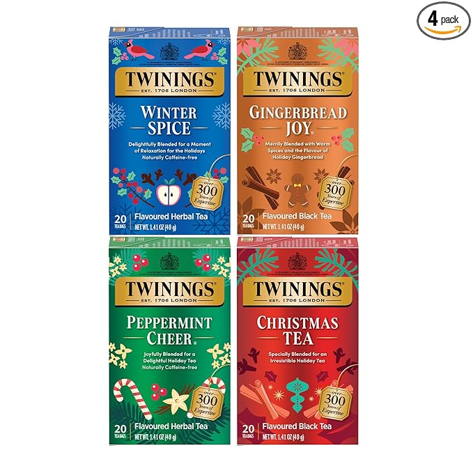 Twinings Holiday Variety Pack Tea Bags, Christmas Tea, Winter Spice, Gingerbread Joy, Peppermint Cheer, 20 Count (Pack of 4), Enjoy Hot or Iced, 80 Teabags - Bloomnest
