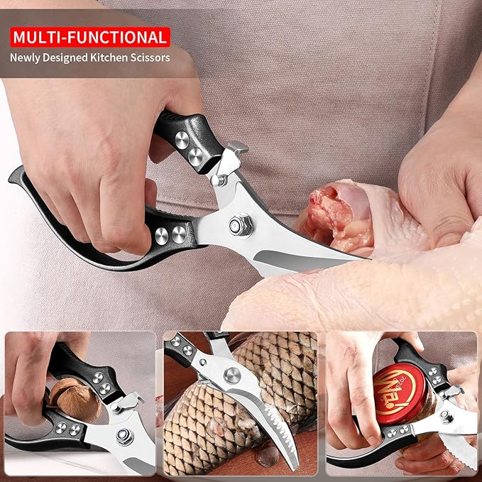 MAD SHARK Professional Heavy Duty Poultry Shears - Kitchen Shears for Spatchcocking Chicken and Meat Cutting, Multi-Purpose Kitchen Scissors for Food, Spring-loaded (Black) - Bloomnest
