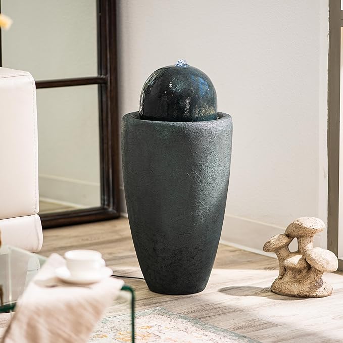 XBrand 25.98" H Round Stone Indoor/Outdoor Modern Stone Textured Sphere Water Fountain w/LED Lights, Dark Green - Bloomnest