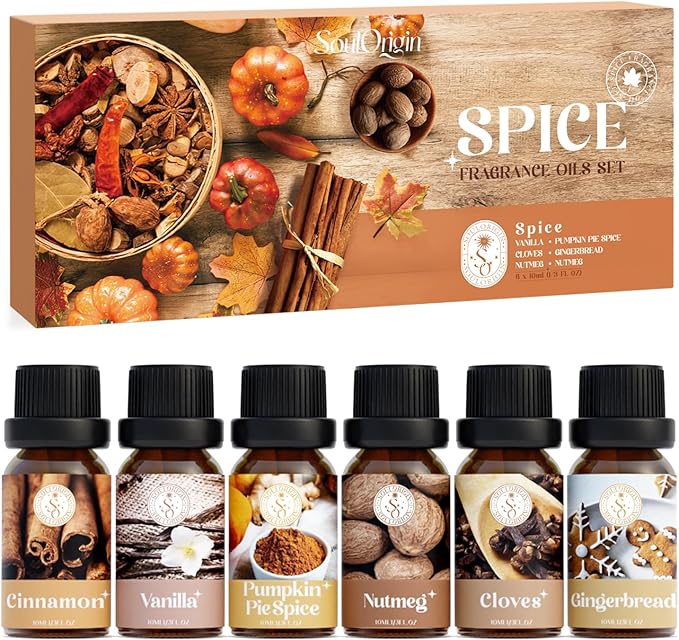 Autumn Spice Essential Oils Set, Fragrance Oil Gift Set for Oil Diffusers, Scented Oils for Soap Candle Making 6x10ml - Cinnamon, Nutmeg, Vanilla, Gingerbread, Pumpkin Pie Spice, and Cloves - Bloomnest