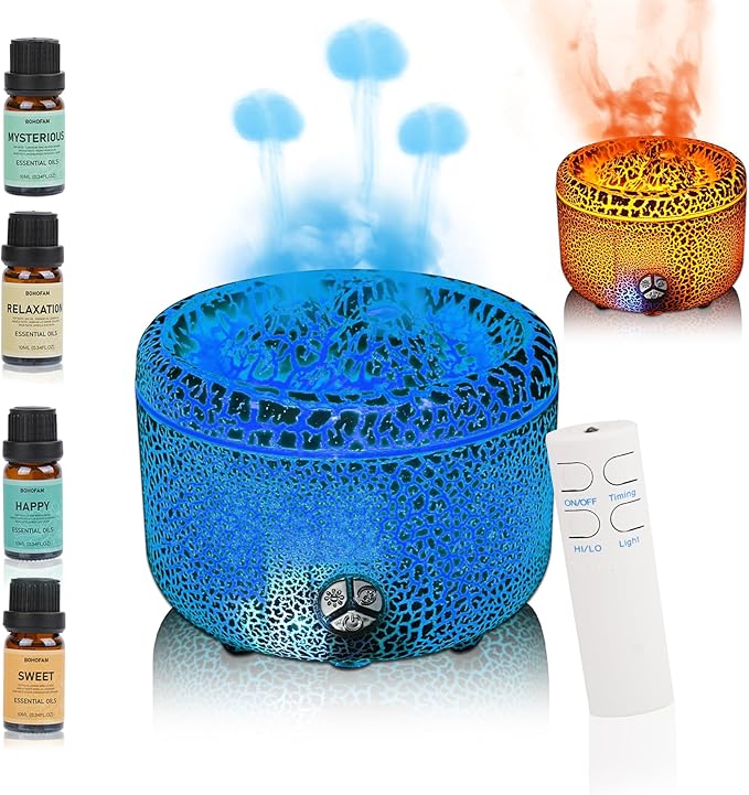 BOHOFAM Essential Oil Diffuser 500ML,Volcano and Flame Diffuser/Humidifier 2 Mode,Three Volcanic Vent Diffusers for Home,Included 4 Hotel Collection Diffuser Oil for Bedroom(Gray Crack) - Bloomnest