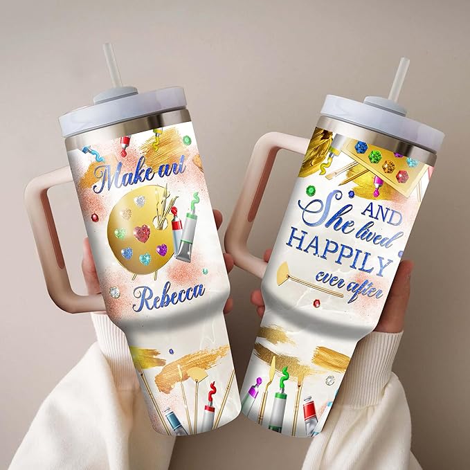 WAZONE Personalized Make Art And She Lived Happily Ever After Stainless Steel Tumbler 40oz with Handle and Straw Insulated Gifts Cool For Girl Painting Lover Painters Artists Teachers - Bloomnest