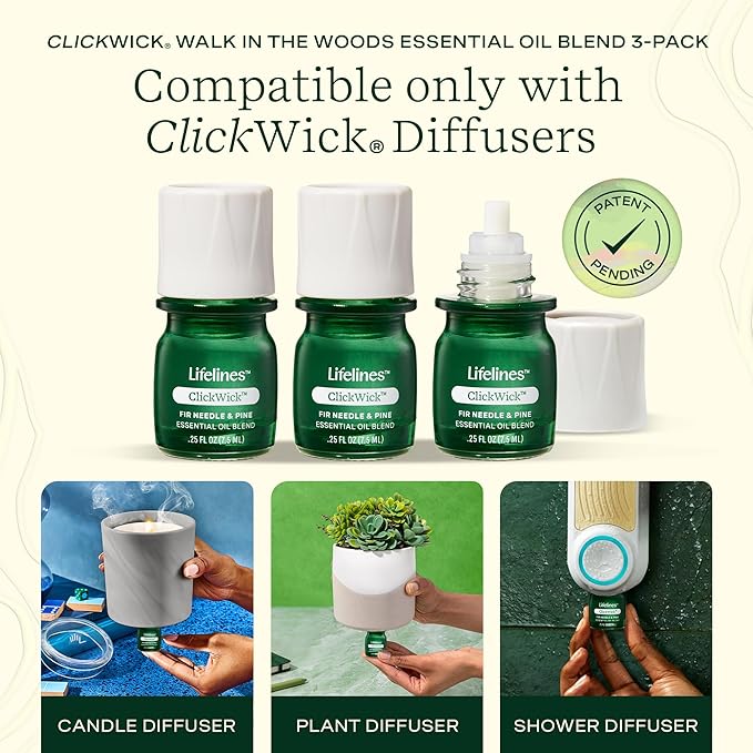 ClickWick Essential Oil Blends for Lifelines Diffusers, 3-Pack Walk in The Woods Set - Essential Oil Blend Refill for Candle, Plant & Shower Aromatherapy Diffuser - Fragrance for Diffusers - Bloomnest
