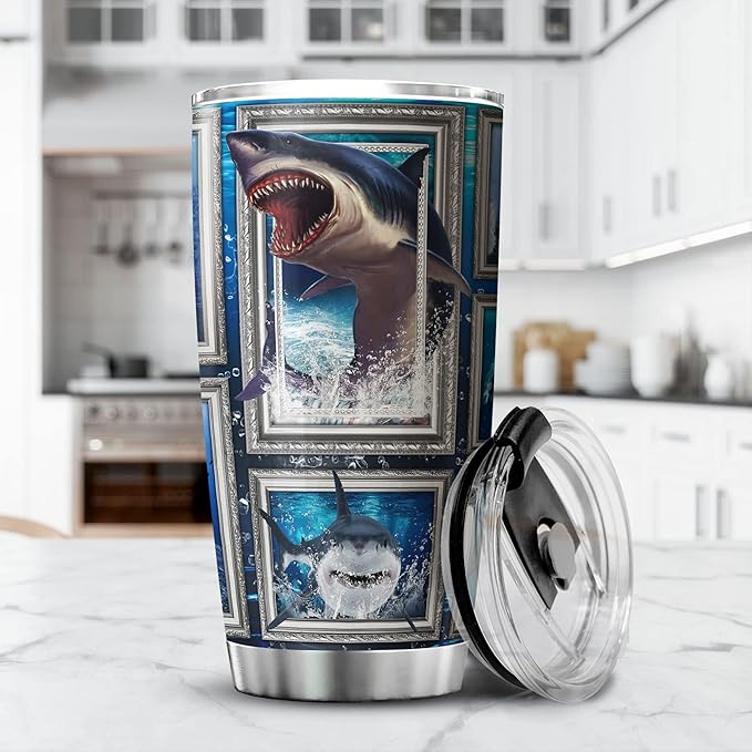 Shark Tumbler Cup With Lid Blue Ocean Themed Coffee Mugs For Women Sharks Underwater Sea Animal Print Tumblers Stainless Steel 20 Oz Holiday Christmas Gift Cool Shark Things - Bloomnest