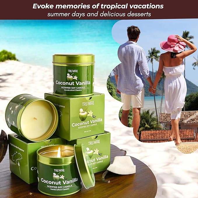 Coconut Vanilla - Aromatherapy Candles for Home Scented - Pack of 3-5oz Natural Soy Wax Clean Organic Non Toxic - Long Lasting Highly Scented with Essential Oils - Gifts for Women Relaxing Spa TRUMIRI