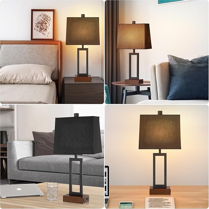 Touch Control Table Lamps Set of 2, Modern Bedside Lamps with 2 USB Charging Ports & AC Outlet, 3-Way Dimmable Wood Nightstand Lamp for Living Room Bedroom End Table Office Black(2 LED Bulbs Included) - Bloomnest