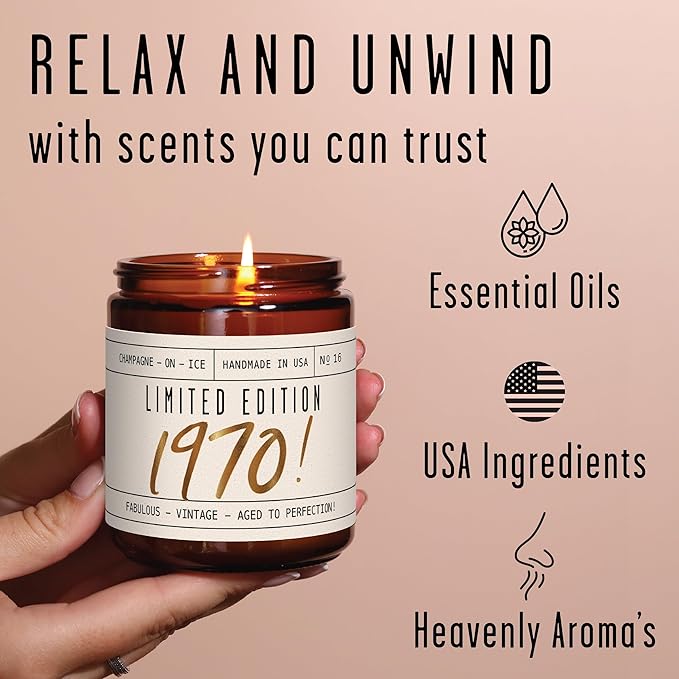55th Birthday Gifts for Women - 'Limited Edition 1970' Soy Candle, w/Champagne on Ice I 55 Birthday Gifts for Women I 55th Gift for Her Ideas I 9oz Reusable Jar, 50Hr Burn, Made in USA - Bloomnest