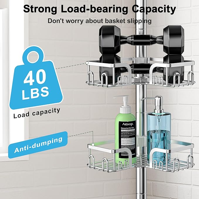 Corner Shower Caddy Tension Pole 4 Tier Adjustable Stainless Steel Shower Shelf for Inside Shower Bathtub Shampoo,Standing Bathroom Organizer Shelves with 39 to 113 inch Height - Bloomnest