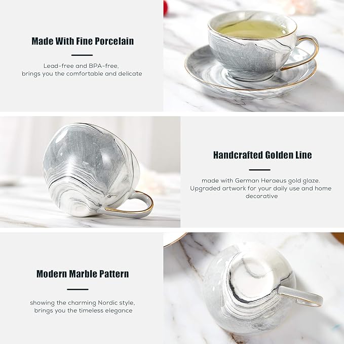 DUJUST 21 pcs Small Tea Set of 6, Gray Marble Texture with Handcraft Golden Trim, Fine Porcelain Tea pot Set for Kids&Adults, 1 Glass Teapot(22oz), 6 Cups(4oz), 6 Saucers, 6 Spoons, 1 Shelf&1 Warmer… - Bloomnest