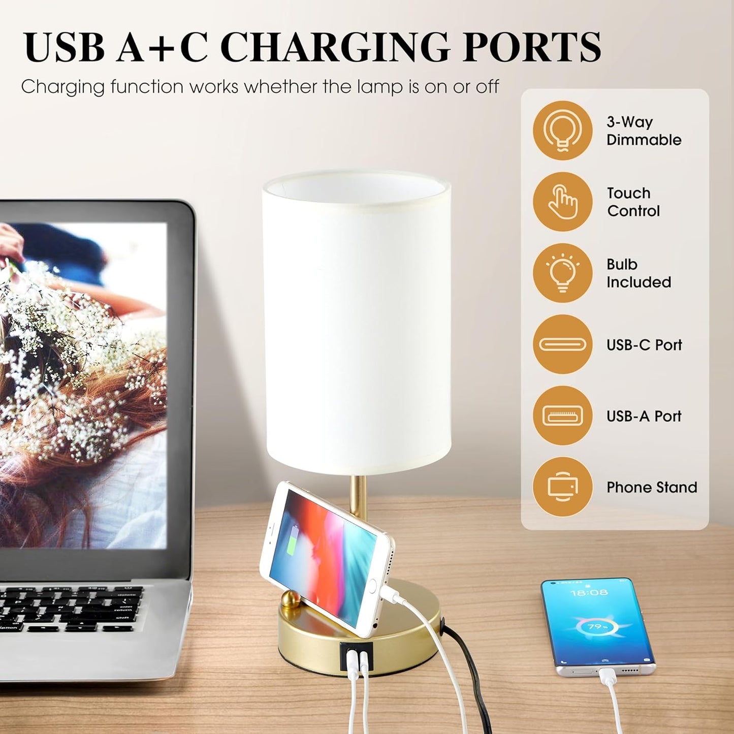 Briever Touch Control Table Lamp for Bedroom, 3-Way Dimmable Nightstand Lamp with USB Charging Ports, Bedside Desk Lamp with Gold Phone Stand & Round Linen Fabric Shade, Bulb Included