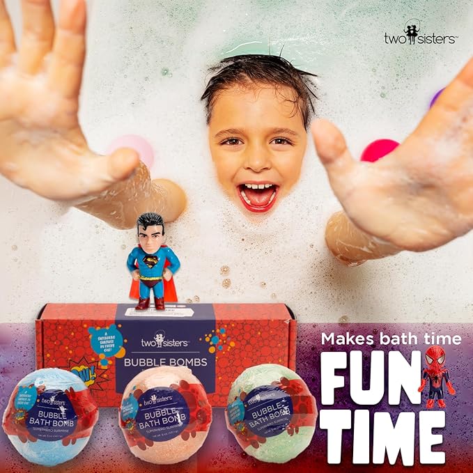 Superhero Bath Bombs for Kids with Surprise Toys Inside (3 Pack) - Large Bubble Bomb for Boys & Girls - Fizzies, Relaxing Aromas, Made in USA, Skin-Safe, Stain-Free by Two Sisters - Bloomnest