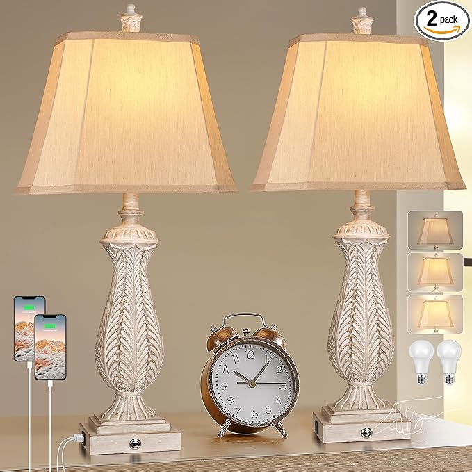 3-Way Dimmable Table Lamps for Bedrooms Set of 2, Light Wood Mermaid Bedside Lamp for Nightstand, 30" H Touch Lamps for Living Room with USB & Type-C Ports, Resin Farmhouse Rustic Lamp with 2 Bulb - Bloomnest