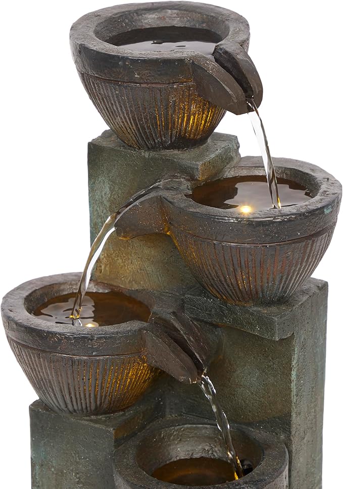 Alpine Corporation TZL416 14" Stoned Jar Water Fountain with Cascading LED Lights, Stylish Tabletop Water Feature for Home, Office, Living Room, Bedroom & Desk Decor, Gray - Bloomnest