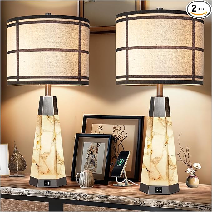 27" Natural Alabaster Table Lamps for Living Room, Bedroom Lamps Set of 2 with Night Light, Living Room Lamps with USB A+C Ports, Table Lamp with Linen Shade for Bedside (Bulbs Included) - Bloomnest