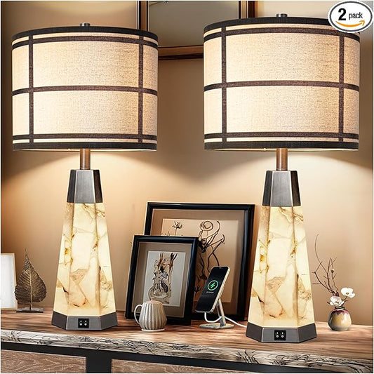 27" Natural Alabaster Table Lamps for Living Room, Bedroom Lamps Set of 2 with Night Light, Living Room Lamps with USB A+C Ports, Table Lamp with Linen Shade for Bedside (Bulbs Included) - Bloomnest