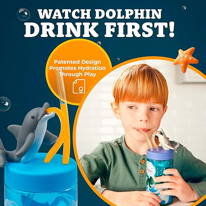 Kids Water Bottle, Toddler Cups, Tumbler with Lid and Straw, Travel Sippy Cup for Water or Milk, Kids Cups with Lids for Toddlers 3 and Up, BPA Free Plastic, 12 oz (Sealife Dolphin) - Bloomnest
