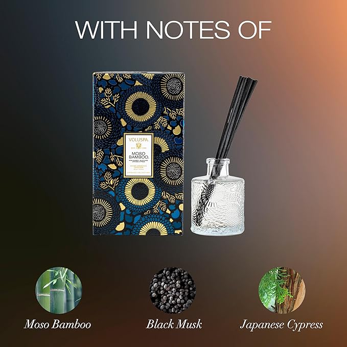 Voluspa Moso Bamboo Scented Reed Diffuser, 3.4 oz, Luxury Bamboo Diffuser, Oil Reed Diffusers for Home, Handcrafted in the USA Voluspa