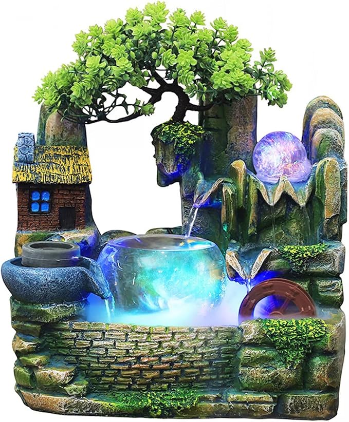 Waterfall Fountain Indoor Mini Waterfall with Led Lights & Atomizer Indoor Fountains and Waterfalls Table Top Water Fountain for Office, Home, Bedroom Desk Decor (Round Bowl Flowing Waters)