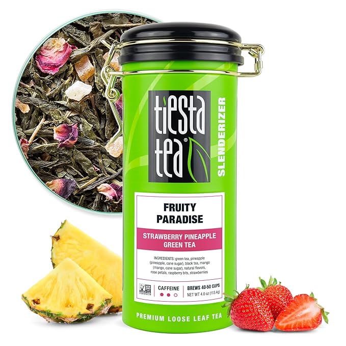 Tiesta Tea - Fruity Paradise, Loose Leaf, Strawberry Pineapple Green Tea, Premium Blend, Medium Caffeinated Green, Make Hot or Iced & Brews Up to 50 Cups, 4oz Refillable Tin - Bloomnest