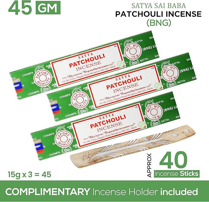 Satya Patchouli Incense Sticks, Satya Bng (Bangalore) Insenses 15gmx3 Pack (45 GMS) with Raajsee Incense Holder Bundle, Satya Nagchampa Natural Incense - Bloomnest