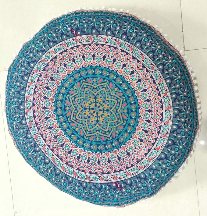 INDIAN CRAFT CASTLE 24" Brown Peacock Mandala Barmeri Large Floor Pillow Cover Cushion Meditation Seating Ottoman Throw Cover Hippie Decorative Zipped Bohemian Pouf Ottoman Pom Pom Cases 24" Round - Bloomnest