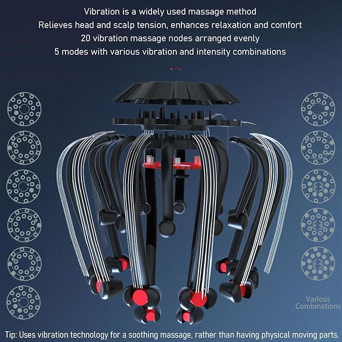Electric Scalp Massager - Octopus Head Massager Stress Relax, 20 Claw Multi-Configuration Array Vibrating Nodes, 5 Modes, Bluetooth Music, Hair Scalp Relaxation, Fatigue Relief JIEJUNJIE
