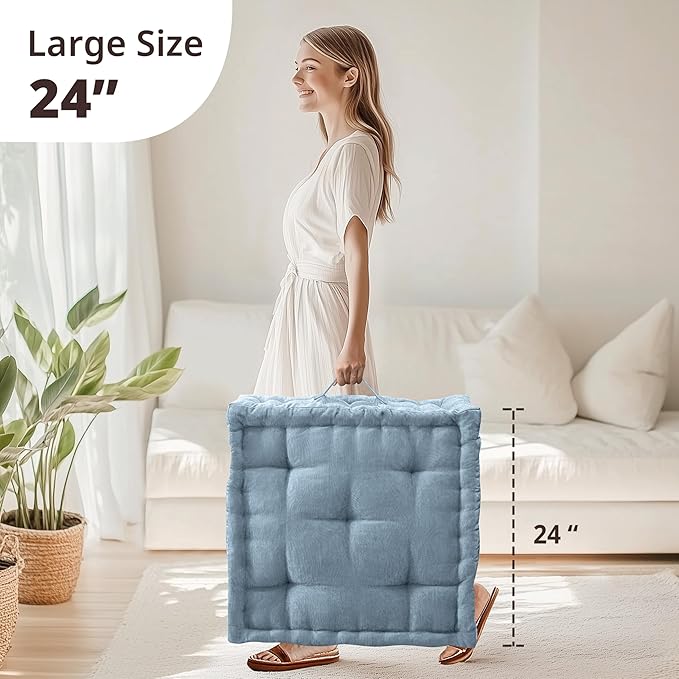 Intelligent Design Large Floor Pillow for Adults Yoga or Meditation Cushion with Handle, Floor Cushion for Board Games, Lustrous Chenille Tufted, Handsewn Scalloped Edge, Azza, 24" x 24" x 5" Aqua