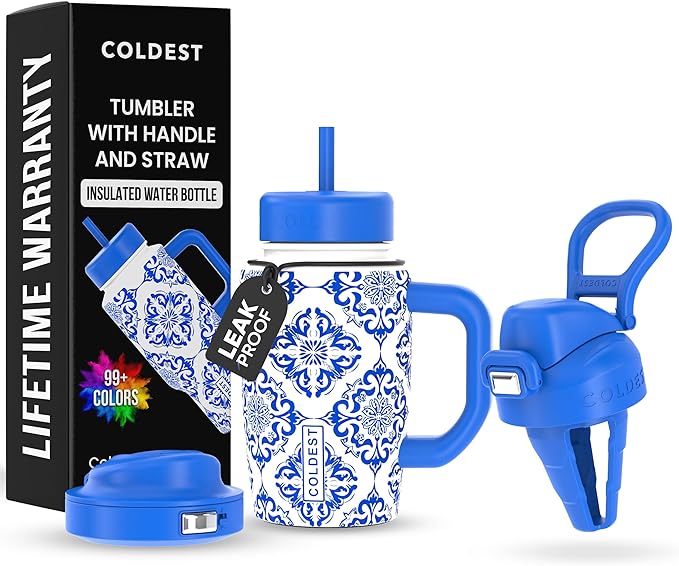 Coldest Tumbler with Handle and Coffee Lid - 100% Spill Proof Tumbler with Straw (3 Lids) - Stainless Steel Insulated Leakproof Tumblers for Women & Men - Cup Holder Friendly - 15 oz (The European) - Bloomnest