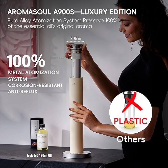 Waterless Scent Diffuser Starter Kit - Alloy Atomization System, Smart Rechargeable Hotel Scent Diffuser, 1500 Sq Ft Coverage, Including 120ml Essential Oil, for Home, Large Room, Spa, Cream - Bloomnest