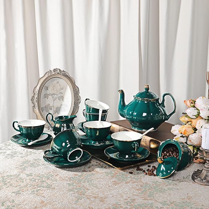 fanquare 21 Piece Vintage Porcelain Tea Set, Green with Gold Trim Fine China Tea Sets for Party, Teapot with Tea Cup and Saucers Set for 6, Christmas Gifts - Bloomnest