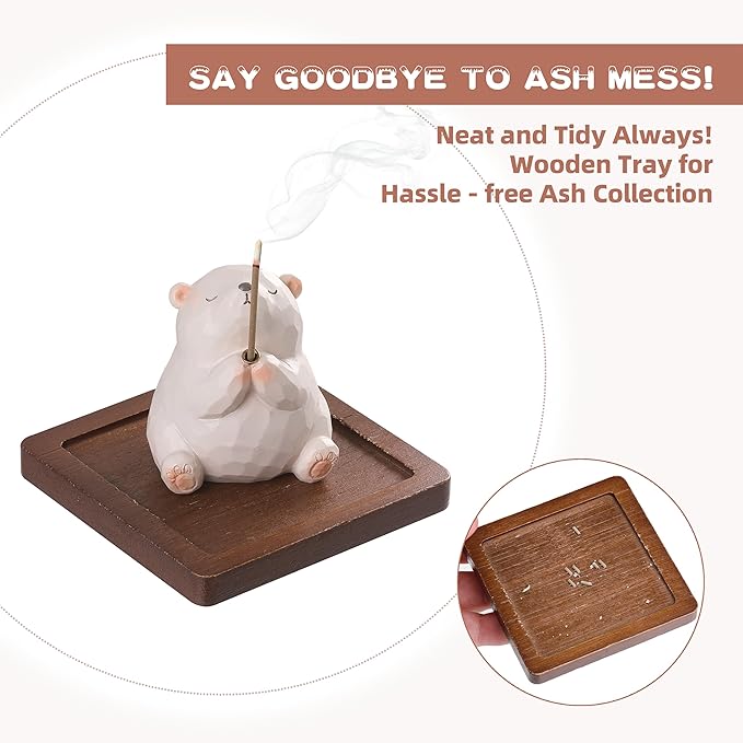 Lionpower Incense Holder for Sticks with Burner & Ash Catcher - Resin Bear, Wooden Tray, 10 Incense Sticks for Meditation Yoga Spa, Cute Home Decor Room Accessories (Bear)