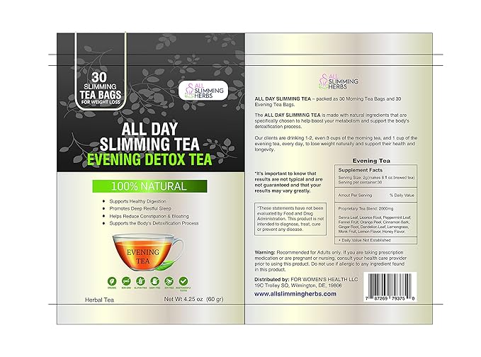 ALL SLIMMING HERBS All Day Slimming Tea For Weight Loss - All Natural 30 Days Detox Teas That Flattens Tummy - Daytime Energy Boost Tea 30 Bags + Evening Detox Tea 30 Bags - Bloomnest