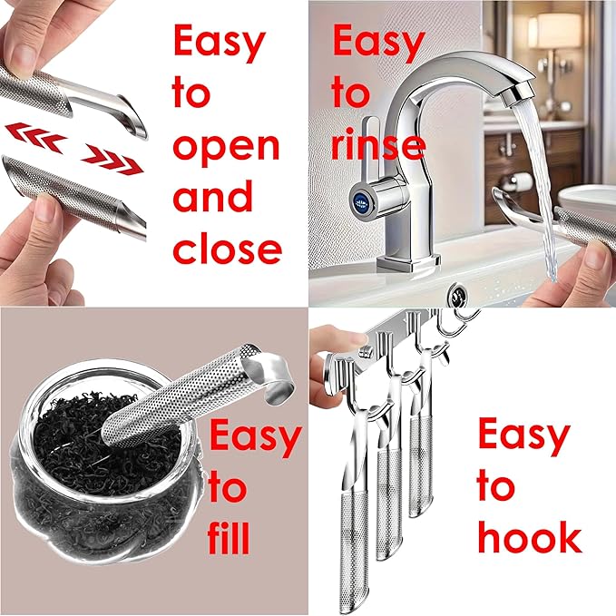304 Food-grade Stainless Steel Tea Infusers for Loose Leaf Tea and Herbs - Reusable Fine Mesh Metal Long-Handled Tea Strainers with Hanging Hook, Brush and Drip Tray for Single Cup Brewing