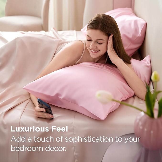 Bedsure Satin Pillowcase for Hair and Skin Queen, Similar to Silk Pillow Cases, Valentine Pillow Covers Set of 2 with Envelope Closure, Pink Room Decor Essentials, Gifts for Women Girls 20x30 Inches - Bloomnest