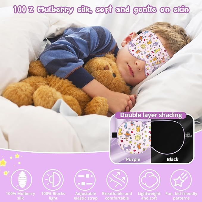 Kids Sleep Mask Eye Cover: 100% Real Natural Pure Silk Eye Mask with Adjustable Strap, Funny Blindfold Kids Eye Mask for Sleeping, Soft & Lightweight Eye Shade for Boys Girls Teens (Cats Style) - Bloomnest