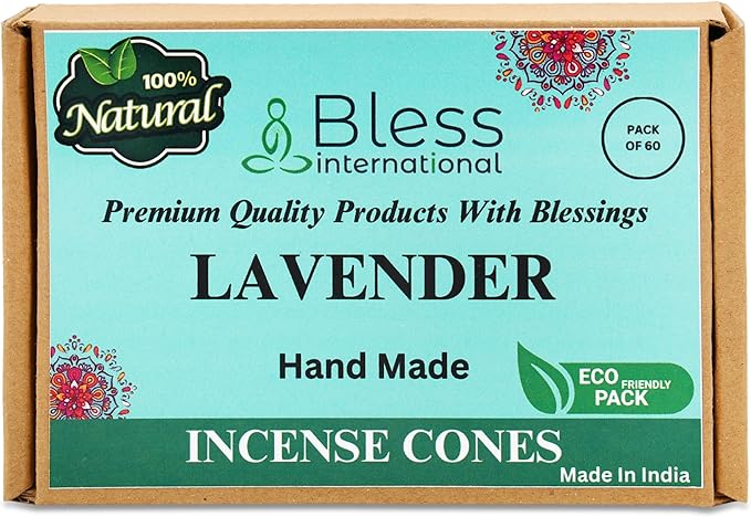 Bless International Lavender 100%-Natural-Incense-Cones Handmade-Hand-Dipped Organic-Chemicals-Free for-Purification-Relaxation-Positivity-Yoga-Meditation The-Best-scents (60 Count)