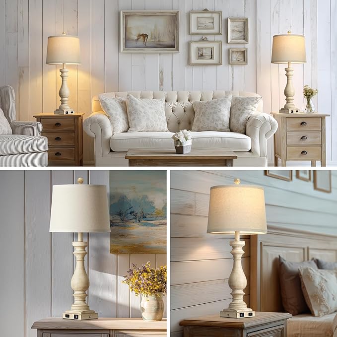 29" Tall Vintage Table Lamps Set of 2,Farmhouse Bedside Lamps with USB C+A Ports & AC Outlet,3-Way Dimmable Touch Lamp for Night Stands Living Room Bedroom,Beige - Bloomnest