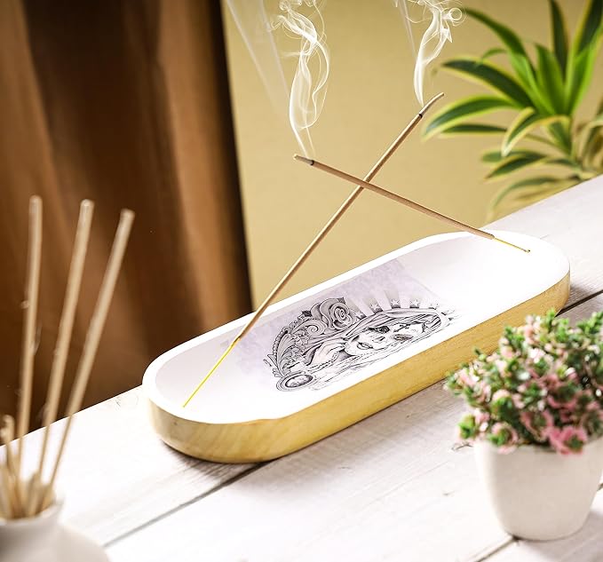 Bless-International Traditional-Handmade-Tray-Burner Wooden-Trat-Incense-Stick-Holder Ash-Catcher-Stand for-Aromatherapy-Meditation-Yoga (Angel Girl, 11x4x1.22 Inches) - Bloomnest