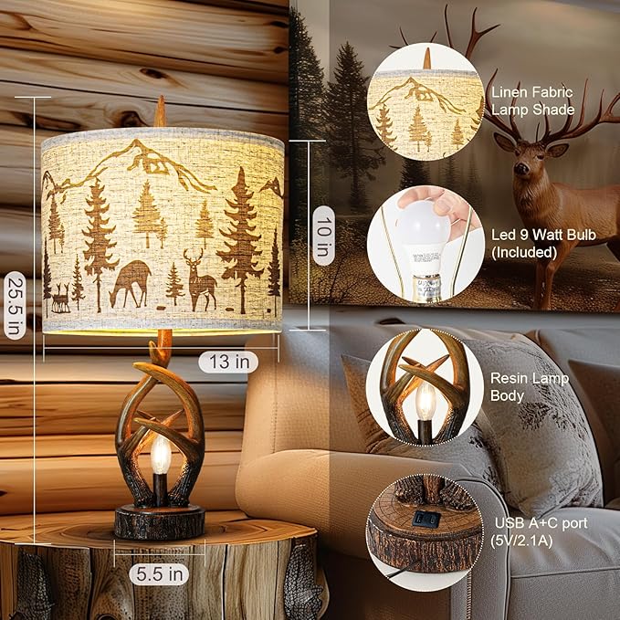 Farmhouse Deer Antler Table Lamp Set of 2 For Living Room with USB Ports, Rustic Bedside Lamp with Nightlight For Bedroom, linen Fabric Shade Vintage Nightstand Lamps For Hotel Bar Country House - Bloomnest