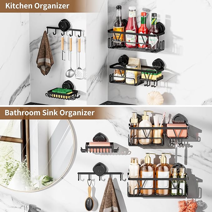 KEGII Shower Caddy Suction Cup, 4 Pack Suction Shower Shelf with Towel Rack No Drilling, Removable Shower Organizer with Hooks & Soap Holder, Space-Saving Bathroom Storage (Black) - Bloomnest
