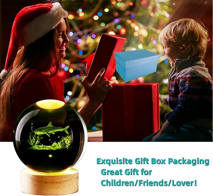 Shark Crystal Ball Night Light, 3.15 Inch K9 Crystal Ball with Wooden Base, 16 Colors, Remote Control, Art Deco Decor - Bloomnest