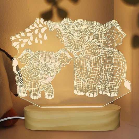 Elephant Shape 3D Crystal Acrylic Light Base with Wood Stand, LED Light for Kids Room Decor, Gift for Mom on Birthday or Holiday, Home Décor Art Display - Bloomnest