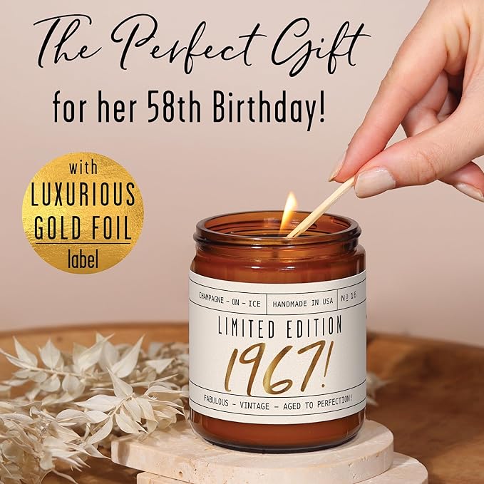 58th Birthday Gifts for Women - 'Limited Edition 1967' Soy Candle, w/Champagne on Ice I 58 Birthday Gifts for Women I 58th Gift for Her Ideas I 9oz Reusable Jar, 50Hr Burn, Made in USA - Bloomnest