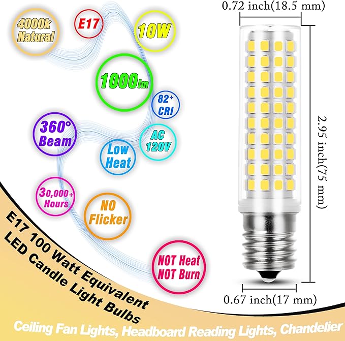 E17 LED Bulb 10 Watt Equivalent 100W 4000K Natural White 1000lm Non-Dimmable 120V E17 Intermediate Base LED Bulb for Desk Lamp, Ceiling Fan Lights, Headboard Reading Lights, Chandelier, 3 Pack - Bloomnest