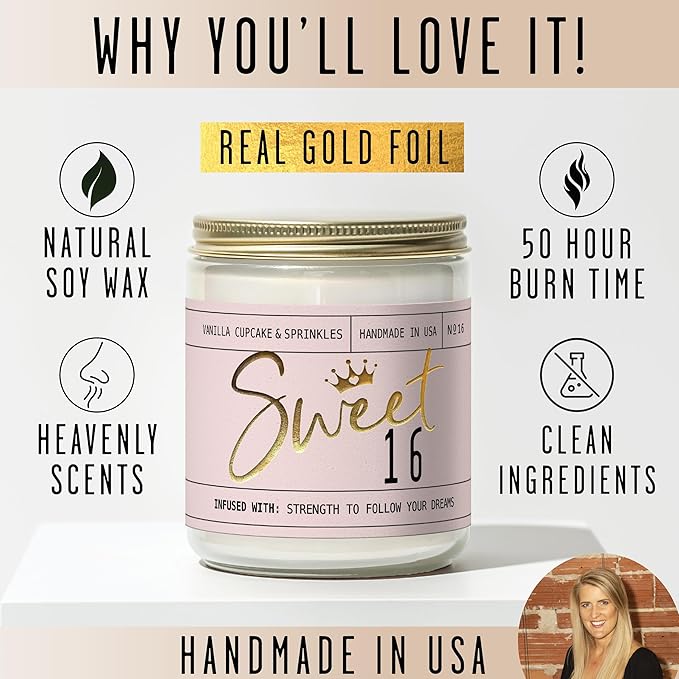 Sweet 16 Gifts for Girls - 'Sweet 16' Soy Candle, w/Vanilla Cupcake & Sprinkles I 16th Birthday Gifts for Girls I Sweet Sixteen Gifts for Girls I 9oz Reusable Jar, 50Hr Burn, Made in USA - Bloomnest