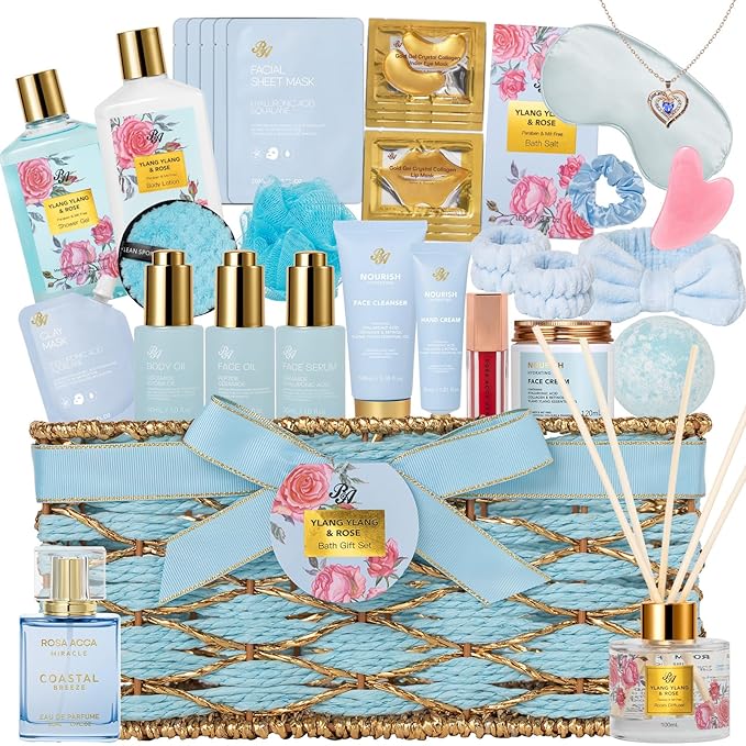 Valentines Day Gifts for Women, 35 Pcs Bath & Body Gift Basket, Face Skin Care Kit, Spa Gift Set, Self-Care Relaxation Gift, Home Spa, Necklace, Birthday, Christmas, Mother Day, Anniversary