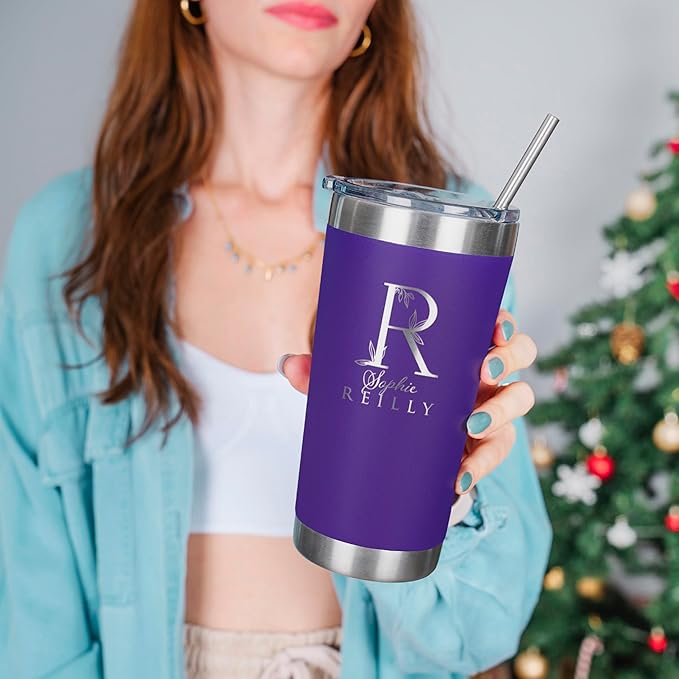 Be Burgundy Personalized Tumbler with Engraved Name - 12 Designs, 20 Oz Coffee Tumbler with Slider Lid, Purple, Double Wall Insulated - Gift for Mom, Women, Personalized Birthday Gift for Her - Bloomnest