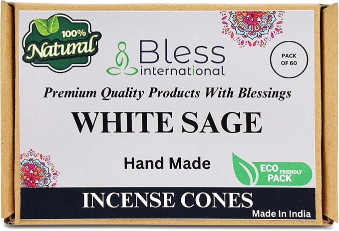 Bless-International White Sage 100%-Natural-Incense-Cones Handmade-Hand-Dipped Organic-Chemicals-Free for-Purification-Relaxation-Positivity-Yoga-Meditation The-Best-scents (60 Count)