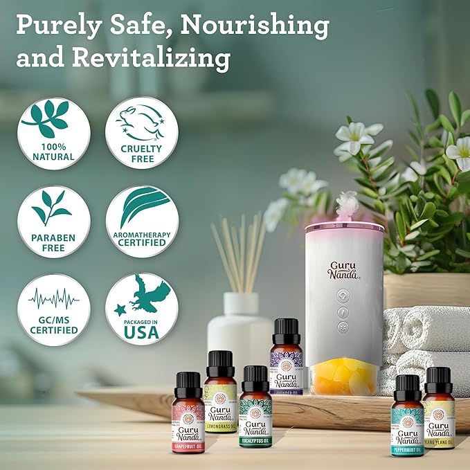 GuruNanda Essential Oils Set for Diffusers, 100% Pure, Aromatherapy, Massage, Candle & Soap Making Lavender, Peppermint, Eucalyptus, Grapefruit, Lemongrass, Ylang Ylang 0.33 Fl Oz (Pack of 6) - Bloomnest